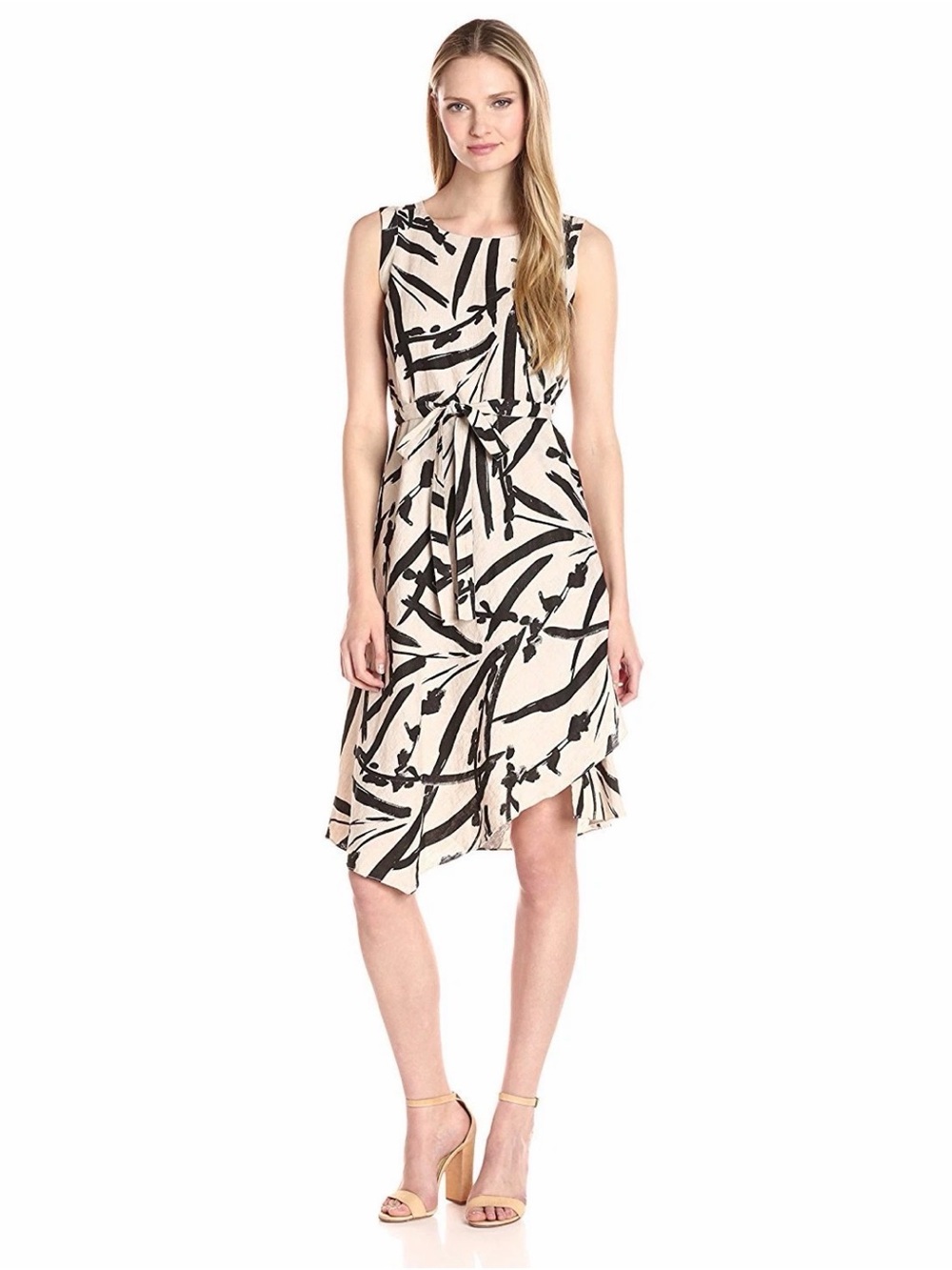 Foxcroft Morgan Brushstroke Linen Asymmetrical Midi Dress Black/Cream, 6 NWOT